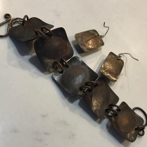 Copper Panel Bracelet  & Earrings Set with Natural Stone Cabochons - Picture 4 of 7